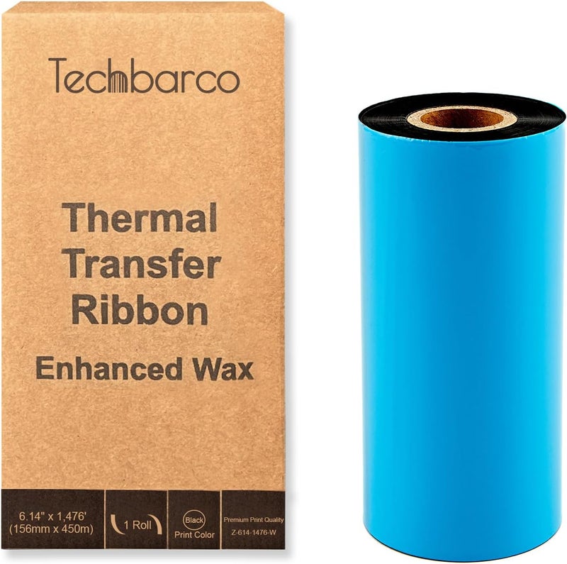 Techbarco Store 1 Rolls 6.14" x 1476' Premium Enhanced Wax Thermal Transfer Ribbon, 156mm x 450m Black Industrial Barcode Label Printer Ribbon - Compatible with Zebra, TSC, GoDex, Citizen, 1" Core - Image 1